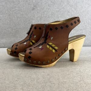 Cynthia Vincent Aztec Leather Platform Clog Sandal-Brown -Wood Heel-Women Size 8